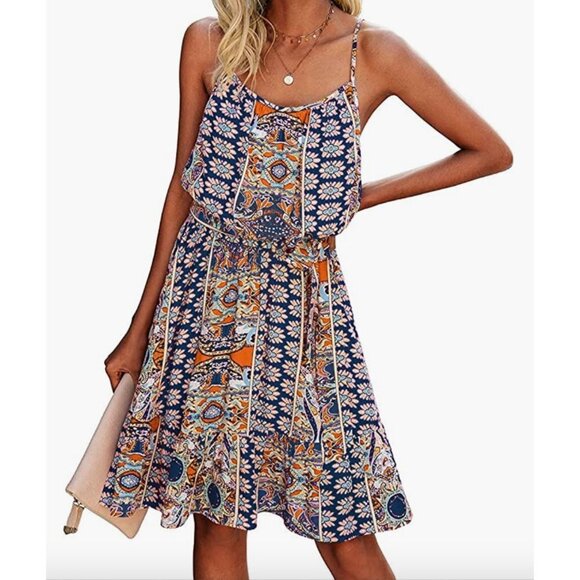 Navy Blue Boho Tribal Printed Belted Ruffle A-Line Sleeveless Blouson Mini Dress - Picture 4 of 6